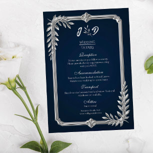 Cartão De Informações Elegante Luxo Casamento Azul Marinho e Prata