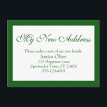 Cartão De Informações Elegante Meu Novo Endereço Borned Green on White<br><div class="desc">Mantenha seus amigos e familiares atualizados com seu novo endereço usando esses cartões de gabinete simples e elegantes. Uma nota simples diz "Meu novo endereço" no topo, usando uma fonte bonito e tradicional de script. Use os campos modelo para adicionar todos os seus detalhes para personalizar este design para seu...</div>