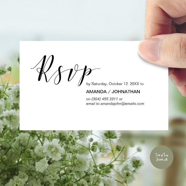 Cartão De Informações Elegante moderno, Script Preto, RSVP de Partido (Modern Wedding RSVP Invitation Card, Online reply, Email or phone, in black and white)