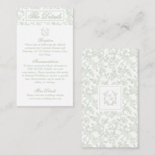 Cartão De Informações Elegante Monograma de Crista Floral em Verde Sage