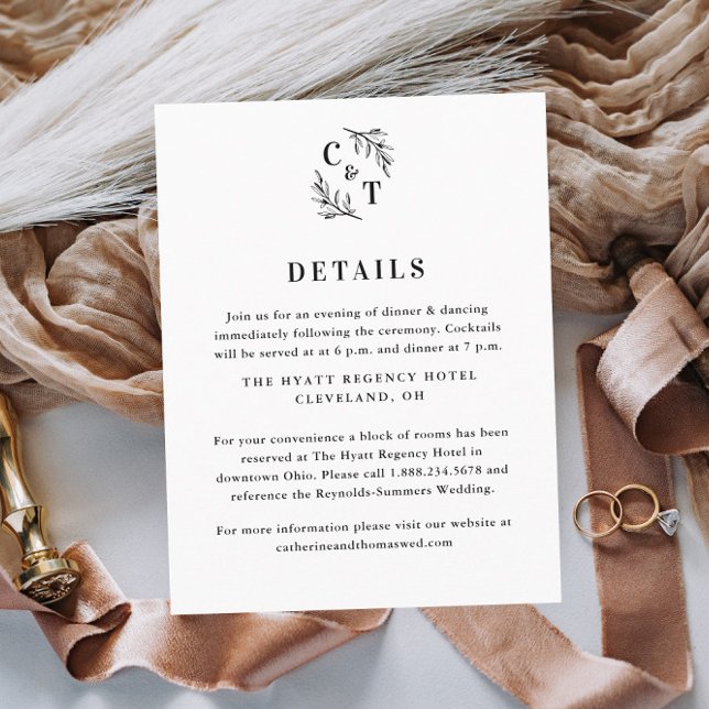 Cartão De Informações Elegante Monograma Greenery deixa detalhes de casa (Elegant Wedding Monogram Black and White Wedding Invitation Details Enclosure Card.)