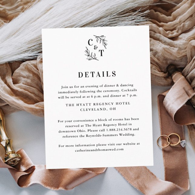 Cartão De Informações Elegante Monograma Greenery deixa detalhes de casa (Elegant Wedding Monogram Black and White Wedding Invitation Details Enclosure Card.)