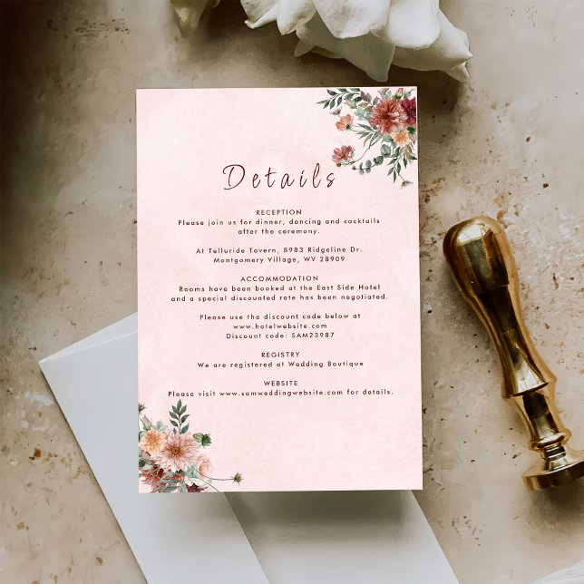 Cartão De Informações Elegante no outono Tons Rosa Detalhes do Casamento (Criador carregado)