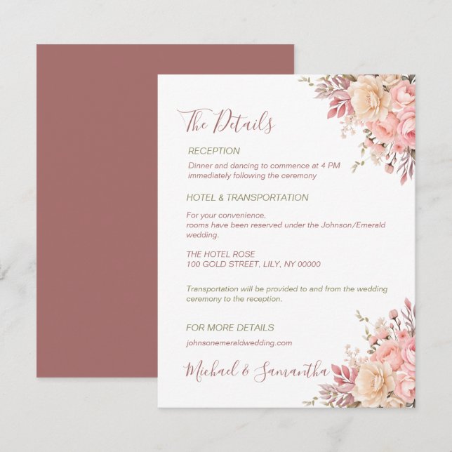 Cartão De Informações Elegante Noiva de Rosa e Marfim para Casamento de  (Frente/Verso)