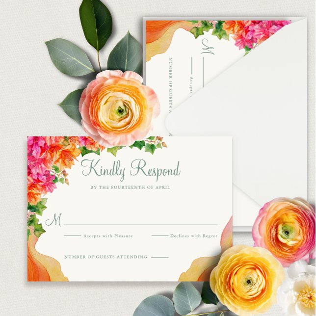 Cartão De Informações Elegante Orange Floral Bougainville Wedding RSVP (Criador carregado)