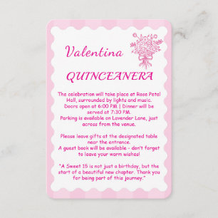 Cartão De Informações Elegante Quinceañera Buquê Floral   Rosa e Branco