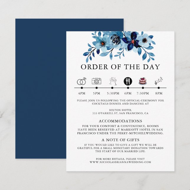 Cartão De Informações Elegante Ramalhete De Flores De Aquarela Azul Empo (Frente/Verso)