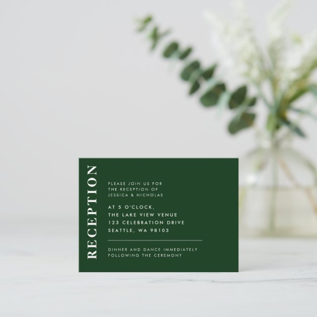Cartão De Informações Elegante Recepção de casamento Simples Emerald Gre (Em pé/Frente)