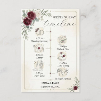 Cartão De Informações Elegante Rosa Burgundy Simples Cronologia do Dia d
