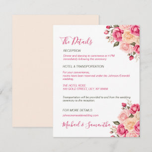 Cartão De Informações Elegante Rosa Fúcsia e Casamento de Rosa Marfim
