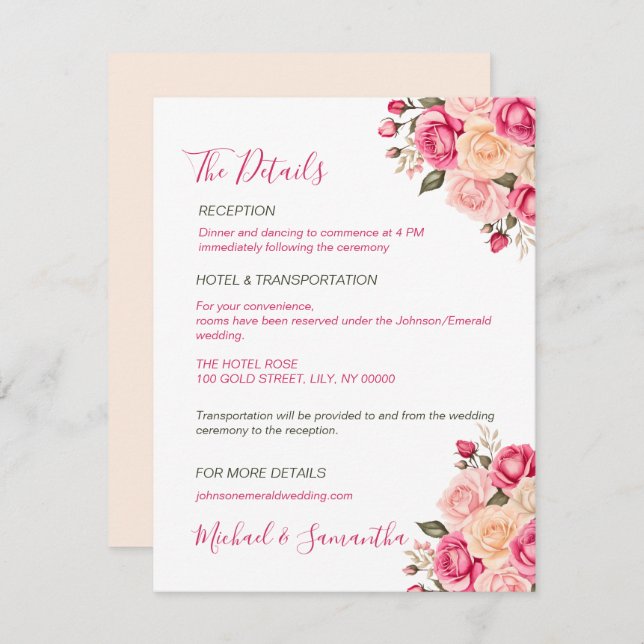 Cartão De Informações Elegante Rosa Fúcsia e Rosa Marfim para Casamento (Frente/Verso)