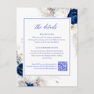 Cartão De Informações Elegante Royal Blue Flowers Detalhes RSVP Código Q