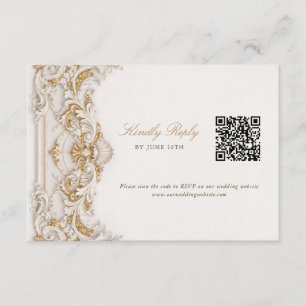 Cartão De Informações Elegante RSVP Barroco em Ouro e Branco com Código