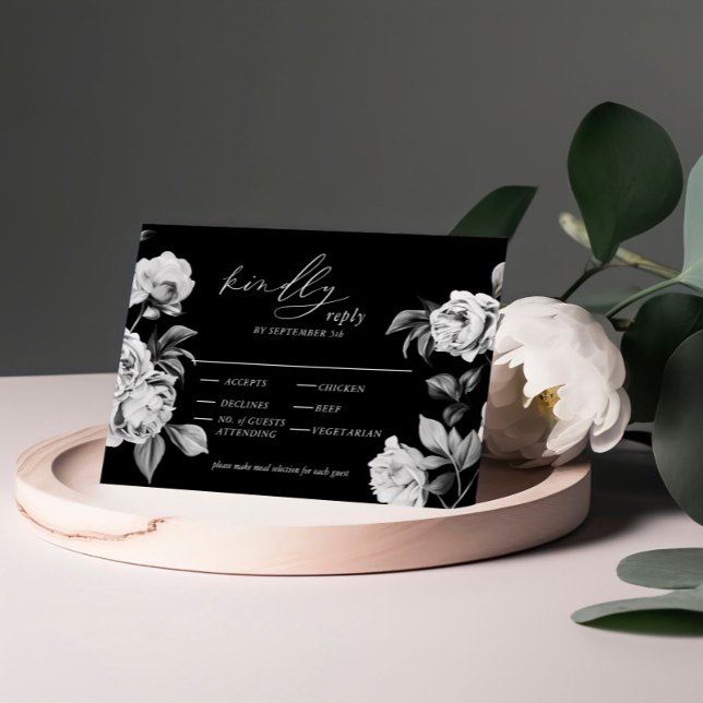 Cartão De Informações Elegante RSVP de casamento floral preto e branco  (Criador carregado)