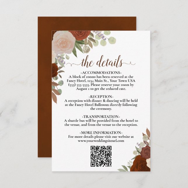 Cartão De Informações Elegante Rust Orange Rosas Casamento Detalhes QR (Frente/Verso)