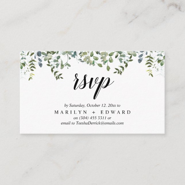 Cartão De Informações Elegante Rustic Greenery, lembrete RSVP (Frente)