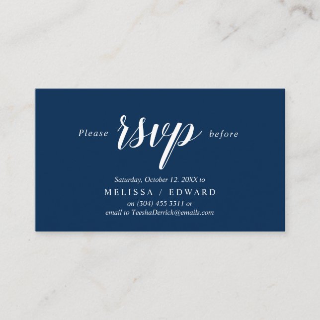 Cartão De Informações Elegante Rustic, Marinho Blue, resposta RSVP, Resp (Frente)