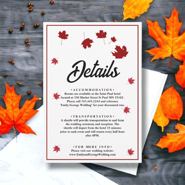Cartão De Informações Elegante Rustic Red Fall Deixa Detalhes De Casamen (Criador carregado)