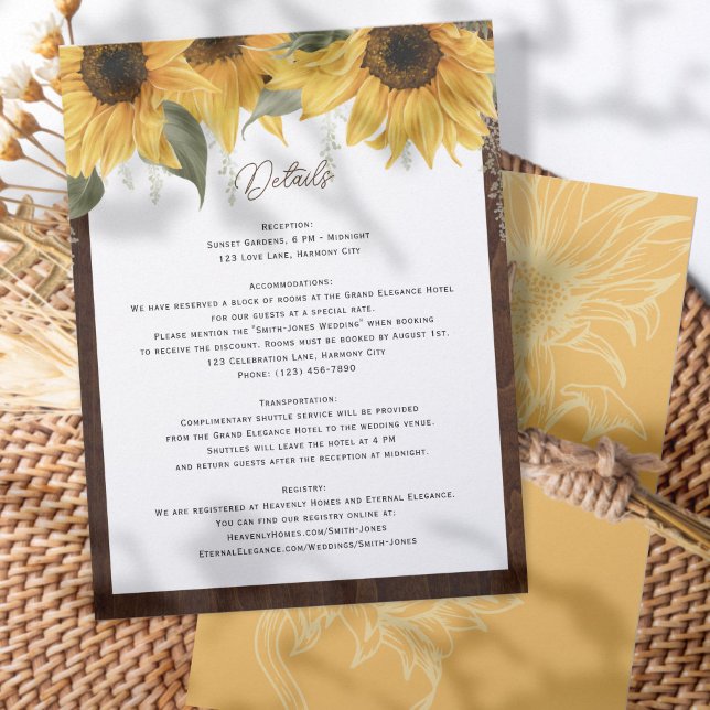 Cartão De Informações Elegante Rustic Sunflower, detalhes do casamento (Criador carregado)