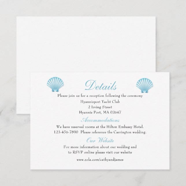 Cartão De Informações Elegante Seashell Wedding Details Blue Beach (Frente/Verso)