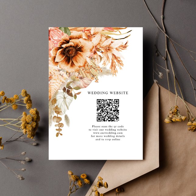 Cartão De Informações Elegante Terracotta Floral Casamento outono de Cód (Elegant Terracotta Floral QR Code Fall Wedding Enclosure Card)