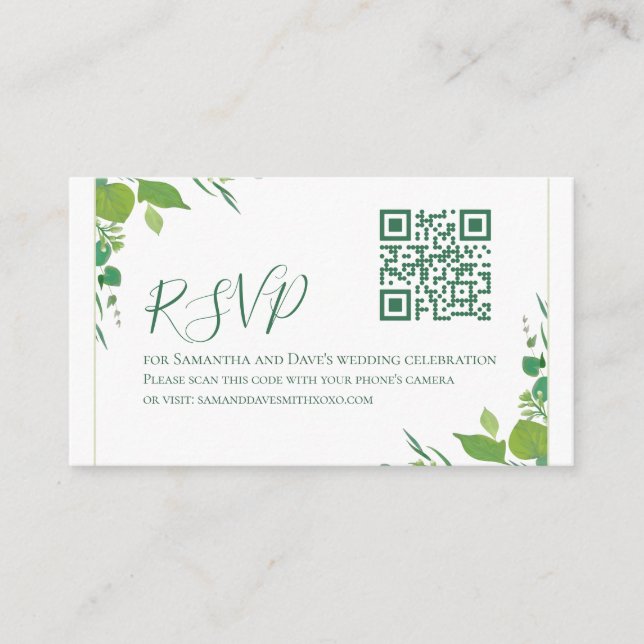 Cartão De Informações Elegante Verde Botânico Moderno Código QR RSVP Orç (Frente)