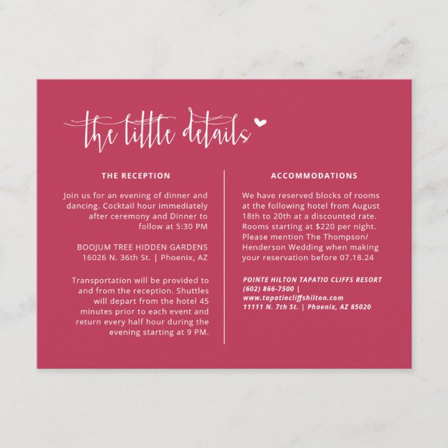 Cartão De Informações Elegante Viva Magenta Boho Detalhes do Casamento Q (Frente)