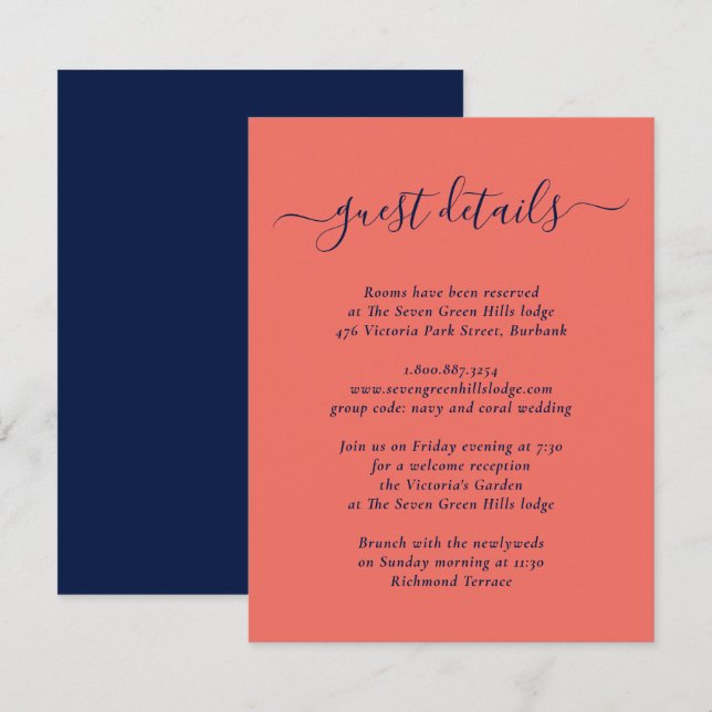 Cartão De Informações Elegantes Detalhes de Casamento em Azul Marinho e  (Frente/Verso)