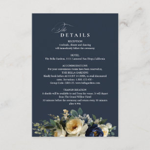Cartão De Informações Elegantes Detalhes de Casamento em Azul Naval Flor