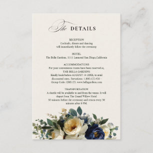 Cartão De Informações Elegantes Detalhes de Casamento em Azul Naval Flor