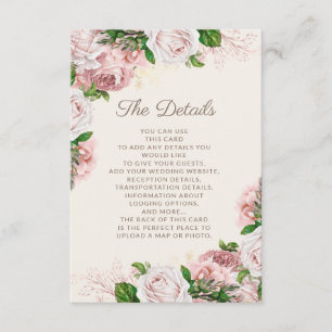 Cartão De Informações Elegantes Detalhes de Casamento Florais Rosa Bege 
