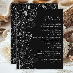 Cartão De Informações Elegantes Detalhes de Casamento Floral Prata e Pre