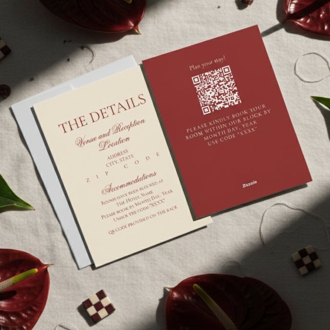 Cartão De Informações Elegantes Detalhes de Casamento Vermelhos e Sofist (Share essential information with elegance using this Elegant Formal Old Money Red Wedding Card!)