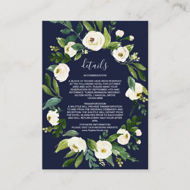 Cartão De Informações Elegantes Detalhes em Aquarela Flores Brancas Azul (Frente)