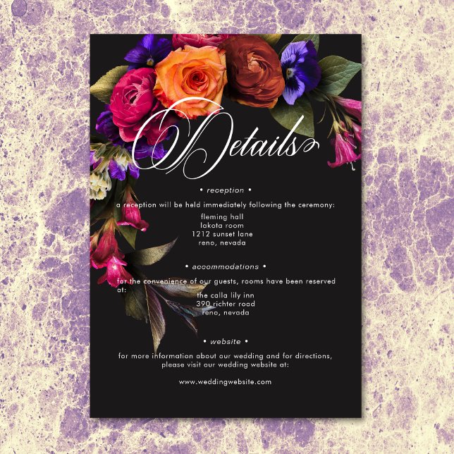 Cartão De Informações Elegantes Detalhes Florais Vibrantes e de Humor Co (Elegant Moody Vibrant Harvest Floral Details Enclosure Card)
