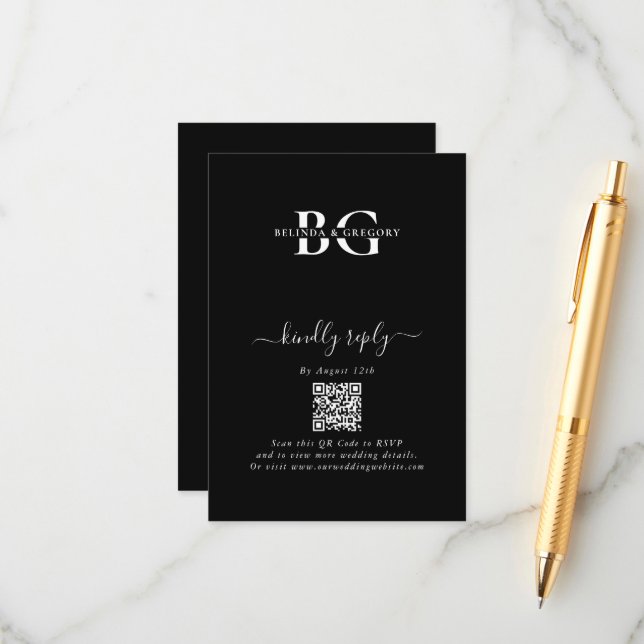 Cartão De Informações Elegantes Monogramas de Iniciais em Preto e Branco (Frente/Verso In Situ)