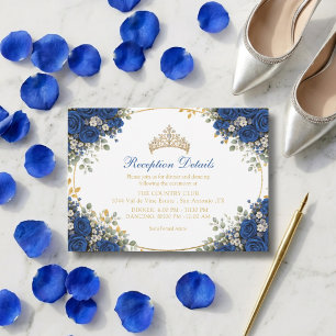 Cartão De Informações Elegantes Rosas Azul Real Douradas Quinceañera