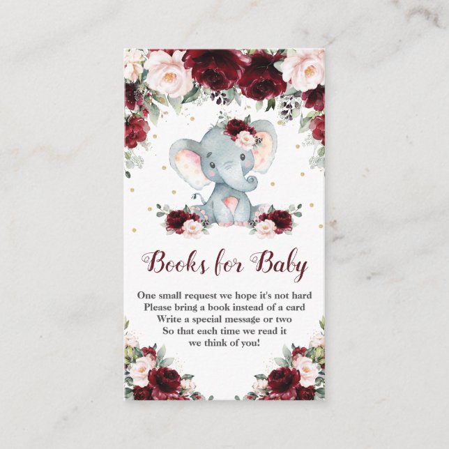 Cartão De Informações Elephant Burgundy Blush Floral Books para Bebê (Frente)
