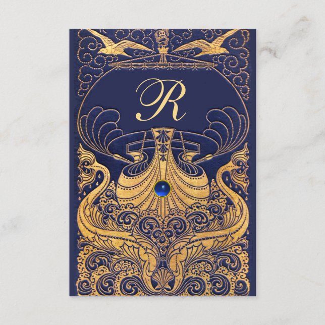 Cartão De Informações Embarcação Antica,Golfinhos,Dourado,Marinho Azul (Frente)