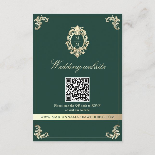 Cartão De Informações Emerald Gold Baroque Wedding Website QR Card (Frente)