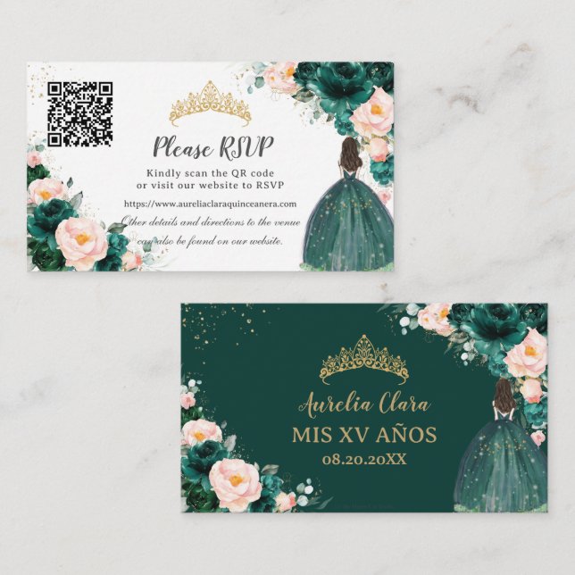 Cartão De Informações Emerald Green Blush Floral Quinceañera Código QR (Frente/Verso)