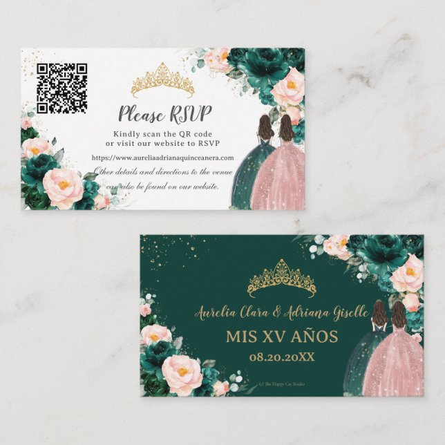 Cartão De Informações Emerald Green Blush Gêmeas Florais Quinceañera QR (Frente/Verso)