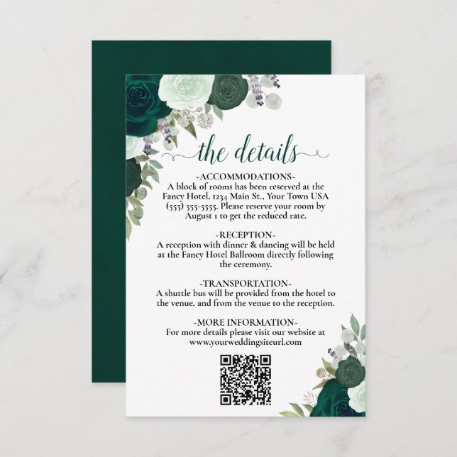 Cartão De Informações Emerald Green Boho Detalhes do Casamento Rosas Cód (Frente/Verso)