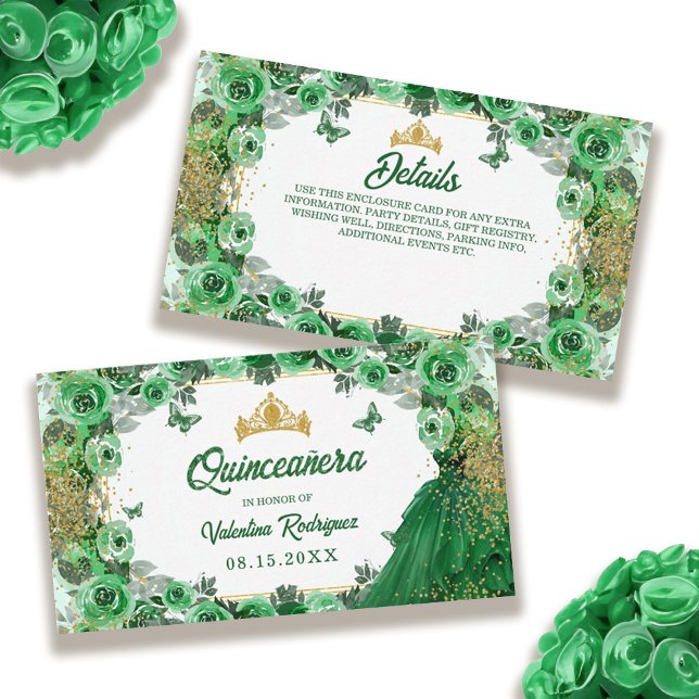 Cartão De Informações Emerald Green Dourada Glitter Floral Quinceanera (Emerald Green Gold Glitter Floral Quinceanera Enclosure Card)