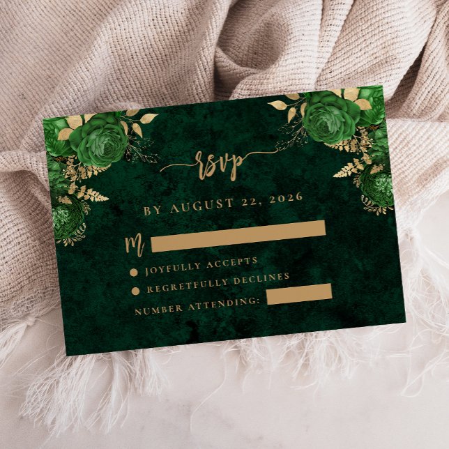 Cartão De Informações Emerald Green Dourado Floral Agate Weding RSVP (Criador carregado)