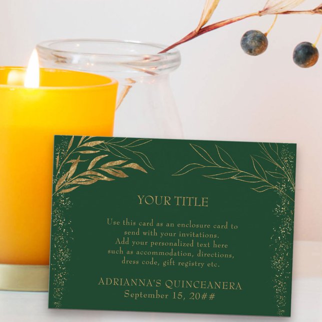 Cartão De Informações Emerald Green e Dourado gabinete personalizado de  (Quinceanera Reception Card in emerald green from my Gold Leaf Collection)
