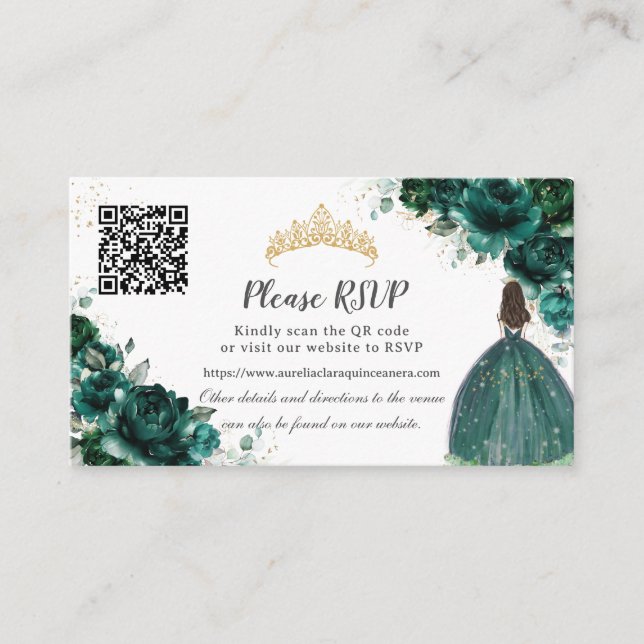 Cartão De Informações Emerald Green Floral Dourado Quinceañera Código QR (Frente)