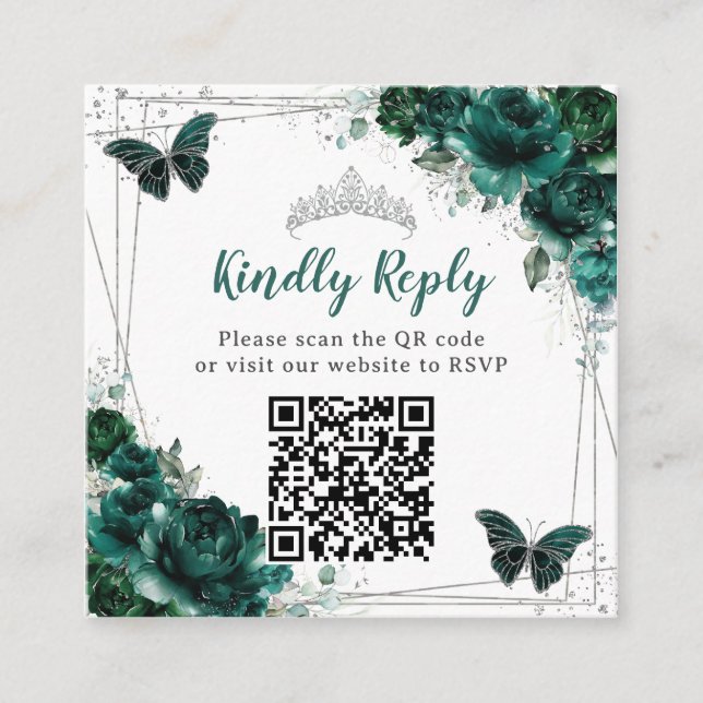 Cartão De Informações Emerald Green Floral Silver Quinceañera Código QR (Frente)