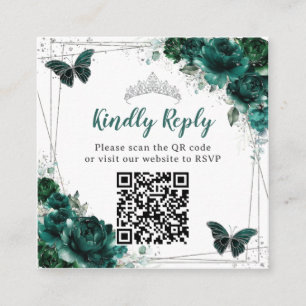 Cartão De Informações Emerald Green Floral Silver Quinceañera Código QR