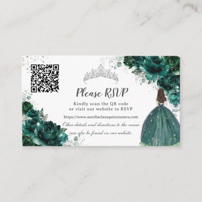 Cartão De Informações Emerald Green Floral Silver Quinceañera Código QR (Frente)
